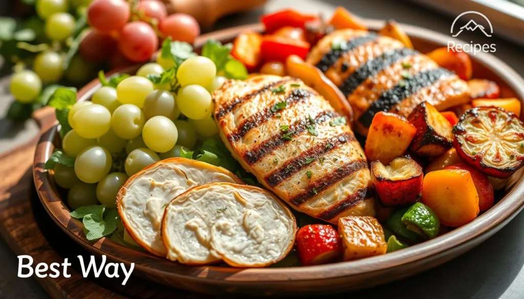 Grape salad paired with grilled chicken and vegetables