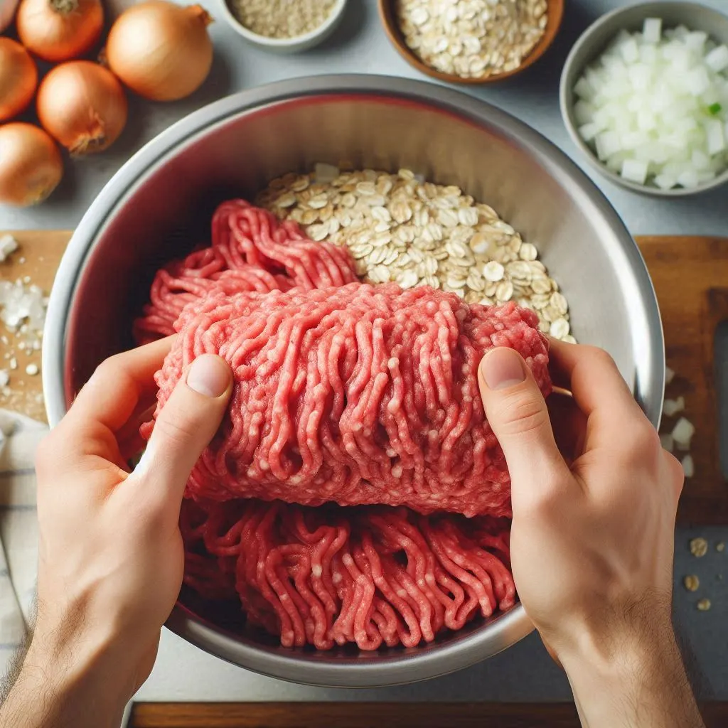 Making 5-ingredient meatloaf - mixing ground beef with oats and onions