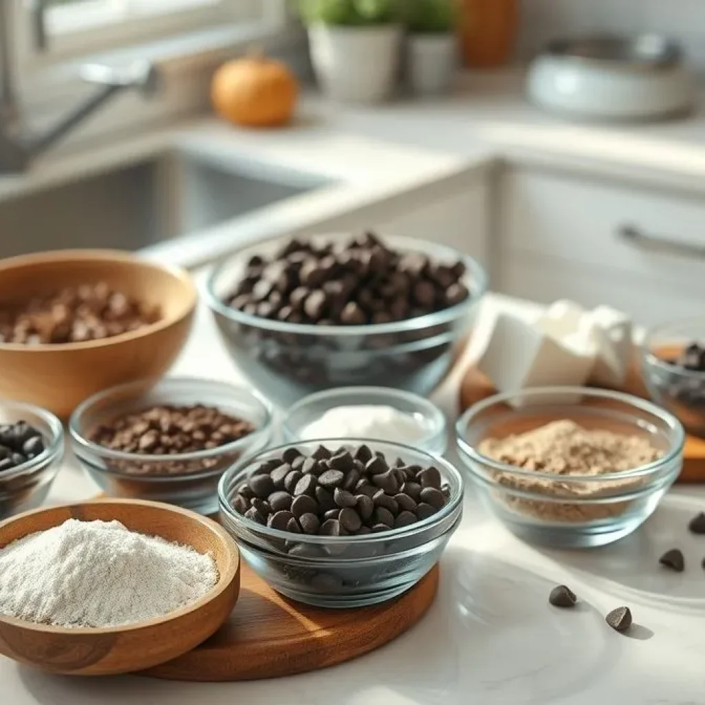 image for a bright clean kitchen counter with ingredients neatly arranged for making chocolate cho