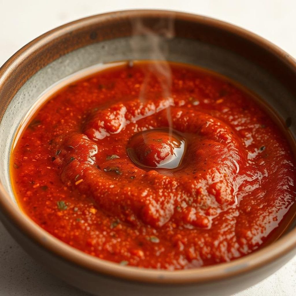 A ceramic bowl filled with a rich, reddish-brown Tunisian harissa sauce. The sauce is coarsely textured, with visible specks of spices and herbs. The surface glistens with a sheen of olive oil, and wisps of steam rise from the bowl, hinting at the pungent, aromatic flavor. The bowl is set against a neutral, minimalist background, with soft, even lighting illuminating the scene. The focus is on the sauce, capturing its vibrant color and inviting appearance, drawing the viewer's attention to this essential Tunisian condiment.