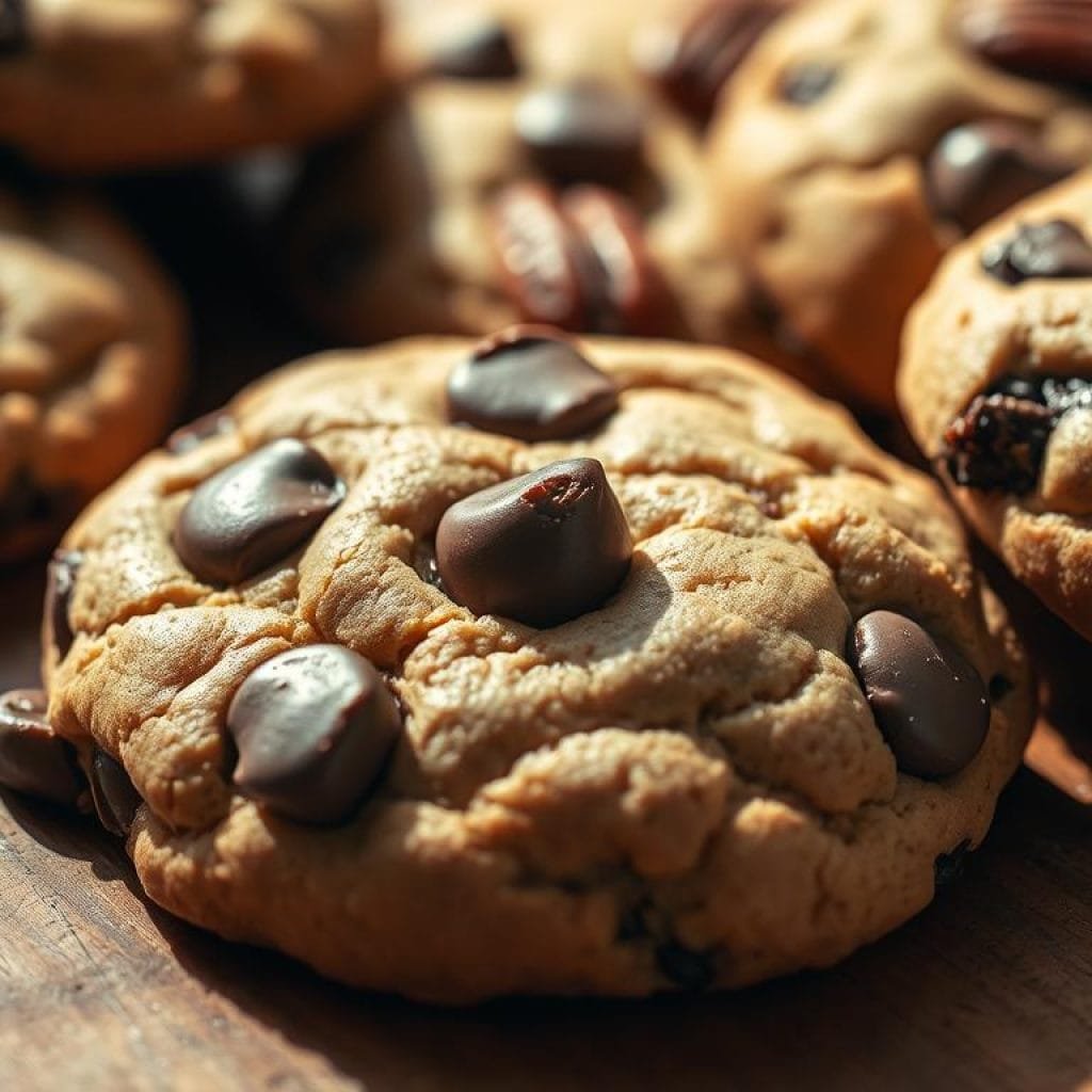 A delectable close-up of freshly baked chocolate chip pecan cookies, with a warm, golden-brown crust and gooey, melted chocolate chips peeking out. The pecans are toasted to perfection, adding a rich, buttery crunch. The cookies are arranged on a rustic wooden surface, illuminated by soft, natural light that casts gentle shadows, creating a cozy, inviting atmosphere. The scene is captured with a shallow depth of field, keeping the cookies in sharp focus while the background gently blurs, drawing the viewer's attention to the star of the shot.