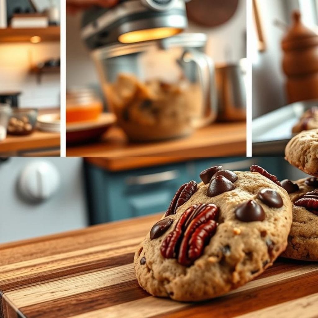 A detailed step-by-step guide to baking homemade chocolate chip pecan cookies. In the foreground, freshly baked golden-brown cookies on a wooden cutting board, their gooey chocolate chips and crunchy pecans visible. In the middle ground, a process of measuring ingredients, mixing the dough, and scooping the cookie dough onto a baking sheet. In the background, a cozy kitchen interior with warm lighting, vintage appliances, and hints of rustic decor, evoking a homey, comforting atmosphere. The image should convey the rich, indulgent texture and flavor of these delectable cookies, as well as the rewarding process of creating them from scratch.