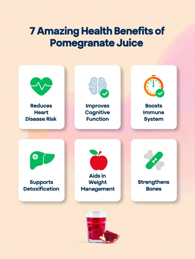 Pomegranate Juice Benefits Infographic Visual guide highlighting the 7 amazing health benefits of pomegranate juice
