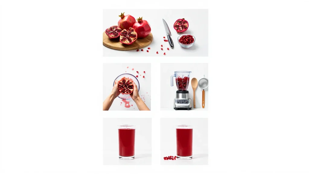 Pomegranate Juice Making Process Complete visual tutorial showing the 4 steps to make fresh pomegranate juice at home