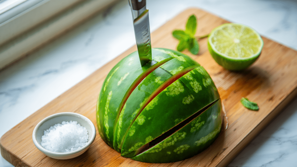 Step 1 Prepare the Watermelon Fresh watermelon being sliced and prepared for dehydration