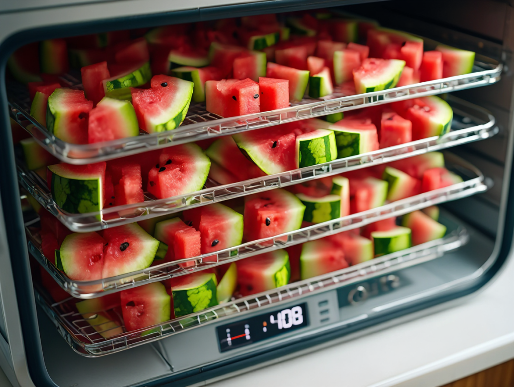 Step 2 Dehydrate the Watermelon Watermelon pieces being dehydrated to remove moisture