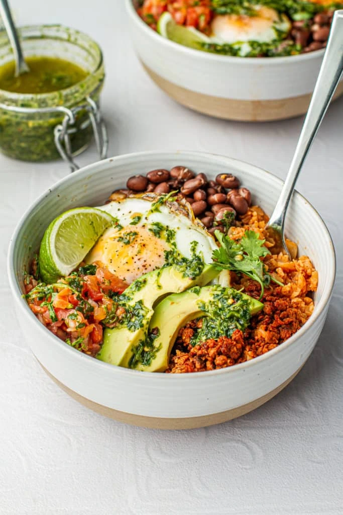 A complete breakfast burrito bowl with a fried egg, black beans, chorizo, and avocado