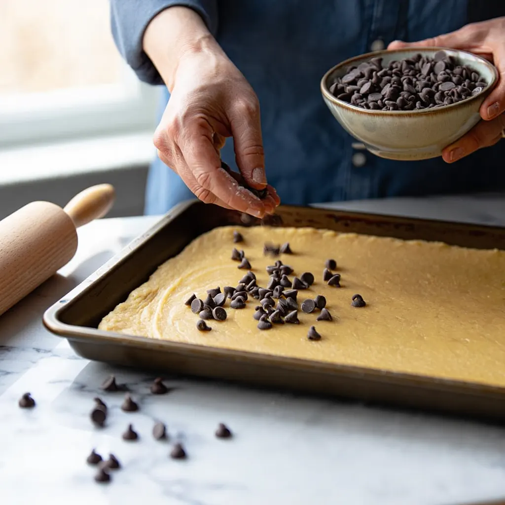 Adding Chocolate Chip Topping Scattering remaining chocolate chips on top and pressing gently into surface