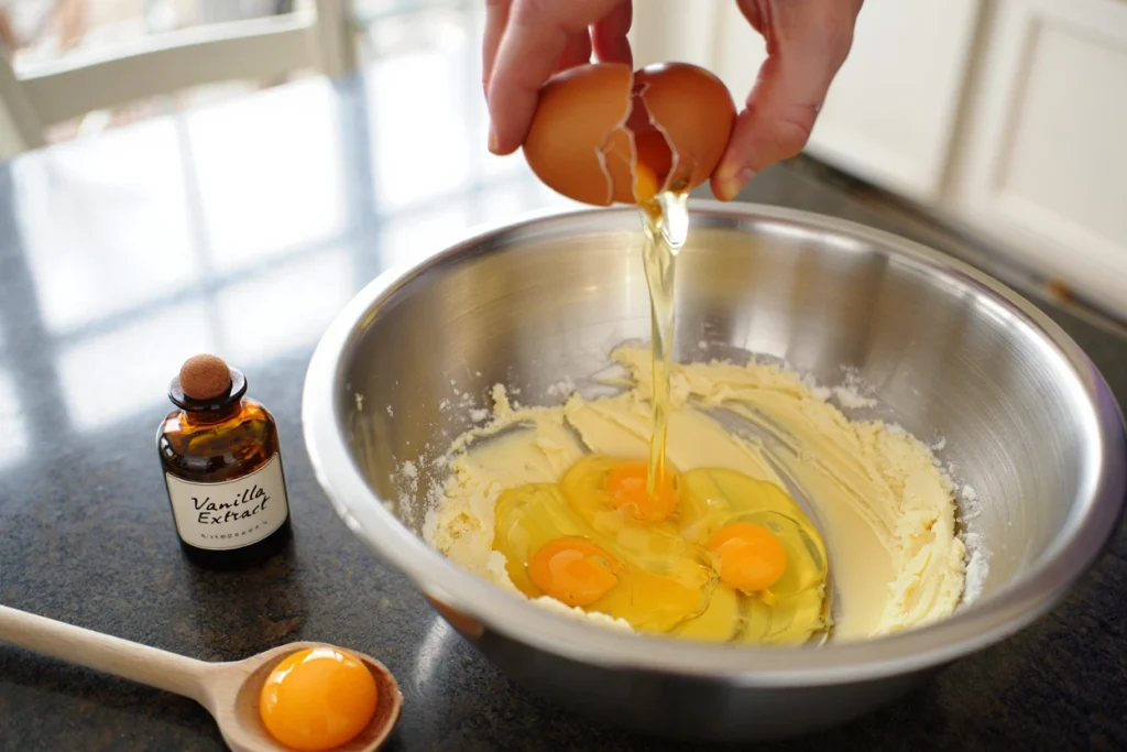 Adding Eggs and Vanilla Incorporating eggs, egg yolk, and vanilla into the butter-sugar base
