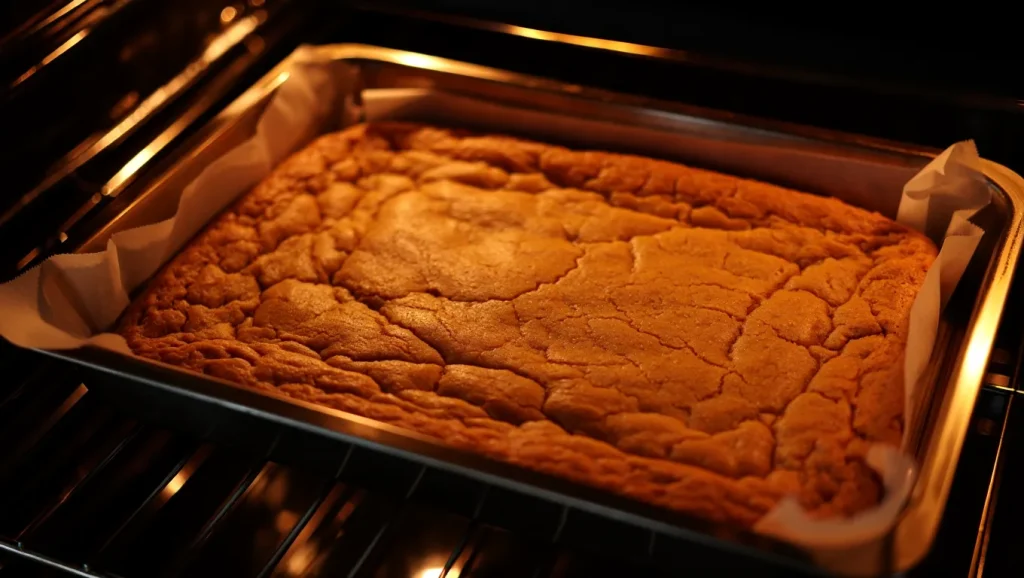 Baking to Perfect Doneness Bars baking with golden edges and slightly underdone center for gooey texture