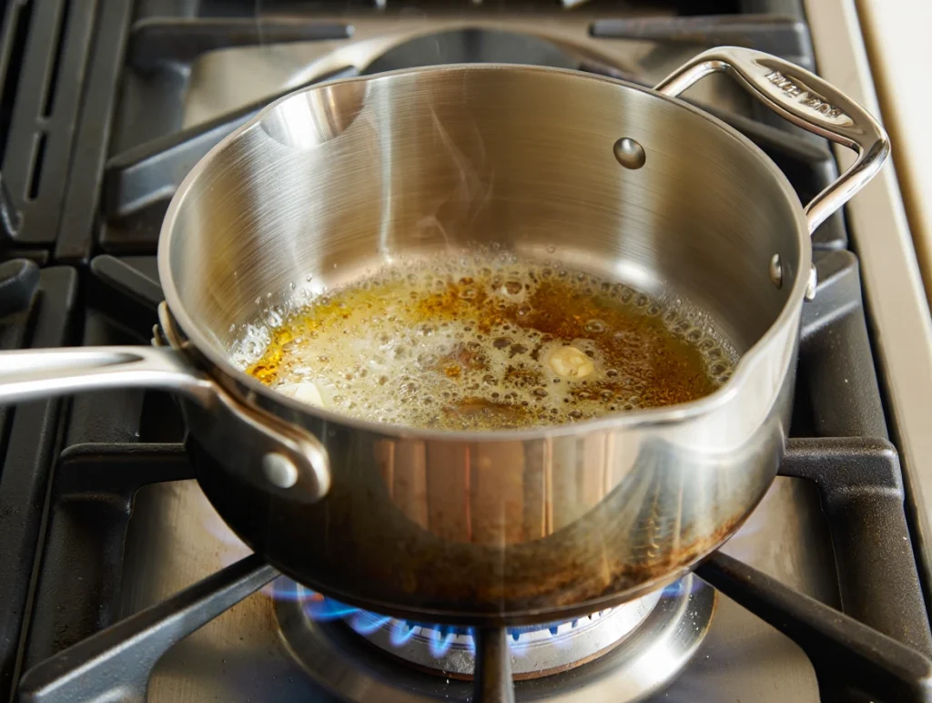 Browning Butter Process Butter browning in saucepan, developing golden color and nutty aroma