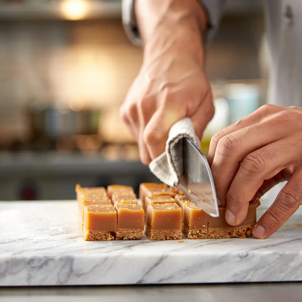 Clean Cutting Technique Wiping knife between cuts and using swift downward motion for clean slices