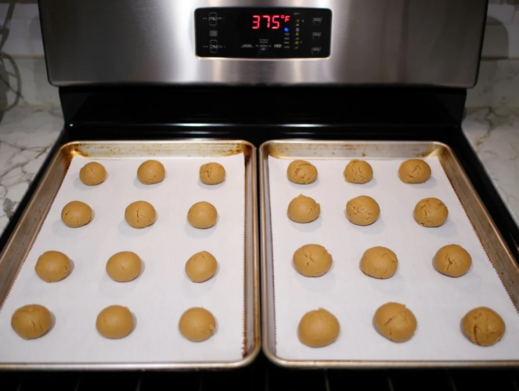 Cookie Baking Setup Properly portioned cookie dough on parchment-lined baking sheets ready for the oven