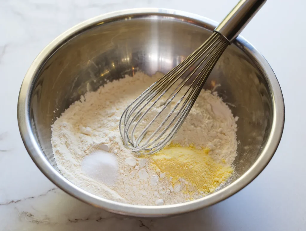 Dry Ingredients Assembly Whisking together flour, cornstarch, baking soda, and salt in a separate bowl