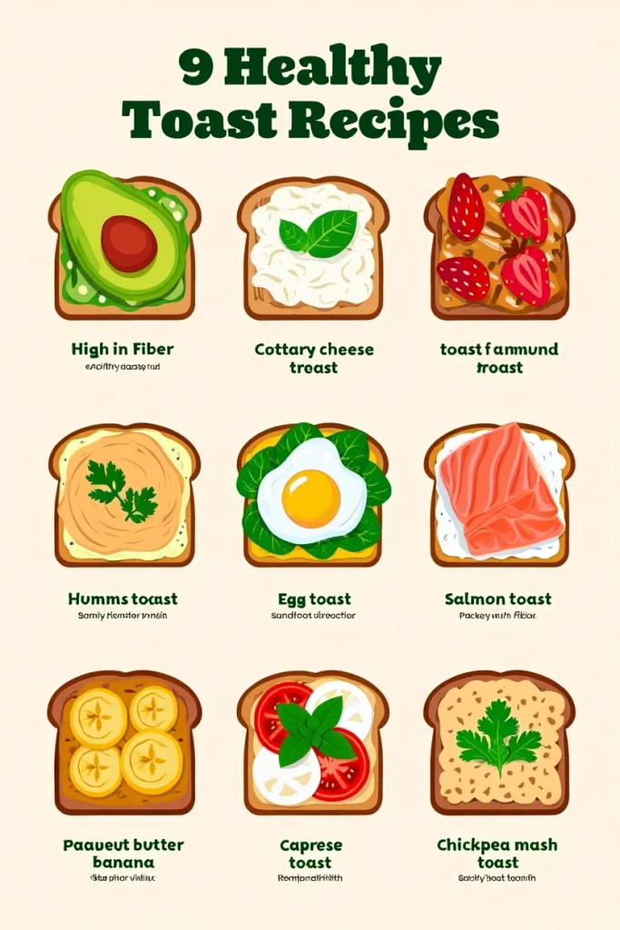 Toast Recipes: 9 Healthy Twists Packed With Love And Flavor Healthy Toast Recipes Infographic An informative poster showcasing 9 healthy toast recipes with nutritional highlights