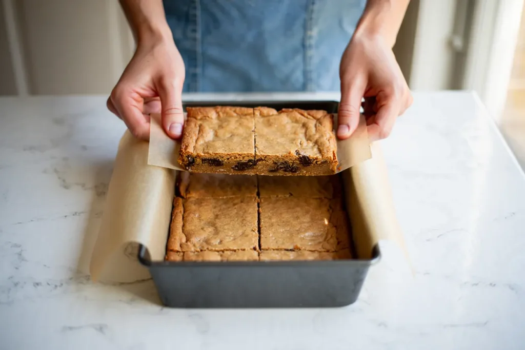 Lifting with Parchment Overhang Using parchment overhang to easily remove cooled bars from pan