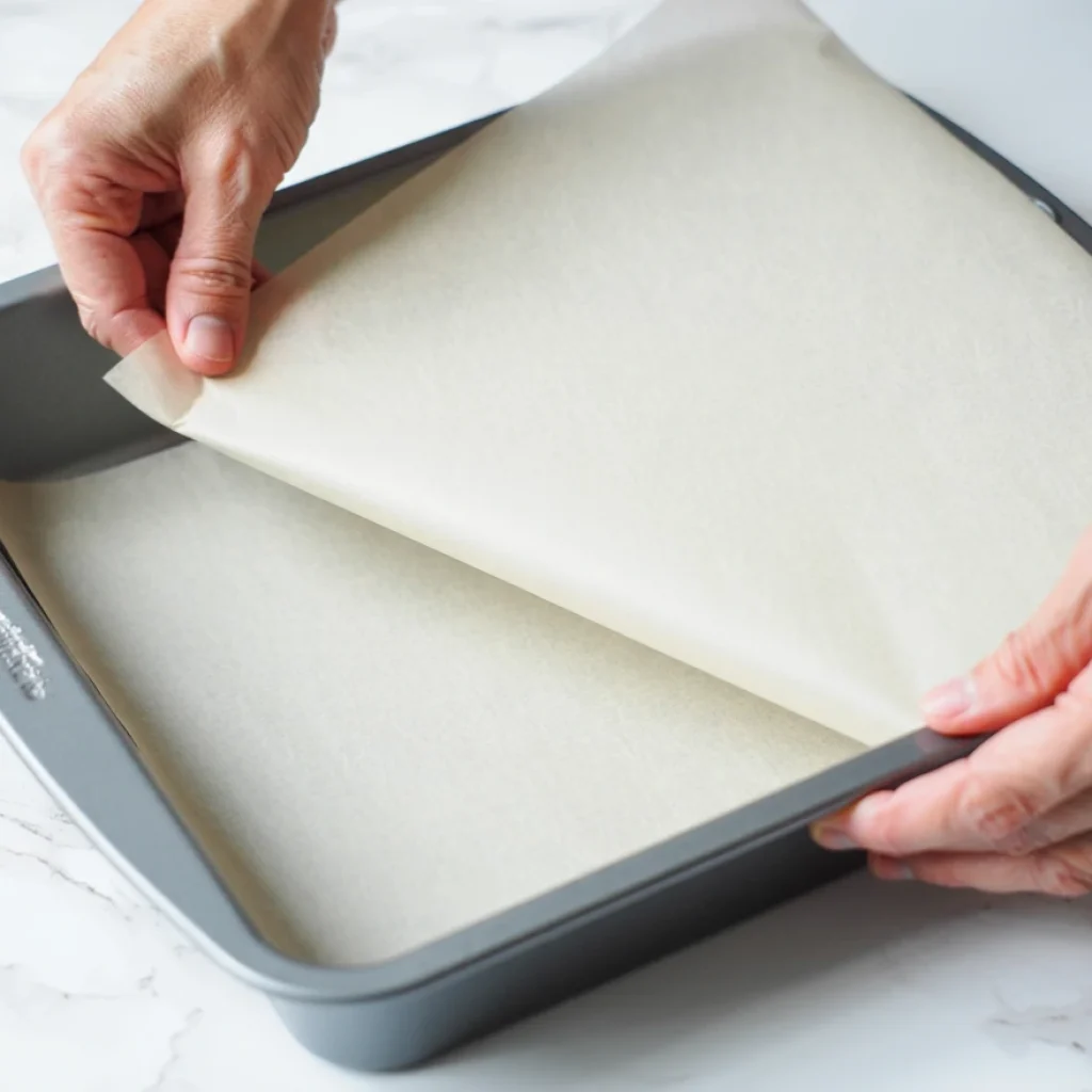 Parchment Paper Lining Technique Detailed view of the proper parchment paper lining method with overhang