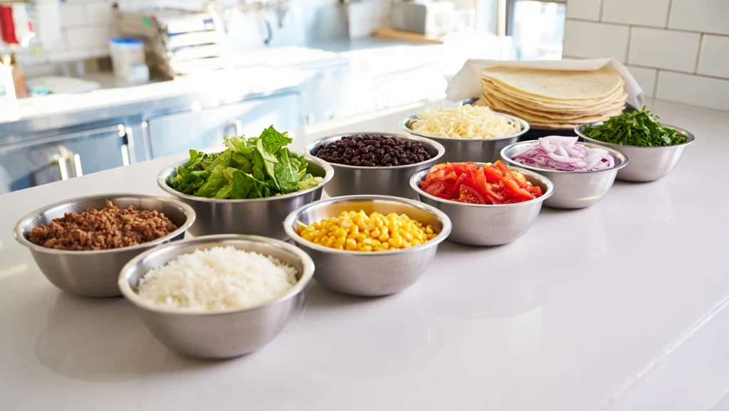 Perfect Burrito Assembly Station Professional assembly station setup with all ingredients organized for efficient burrito making