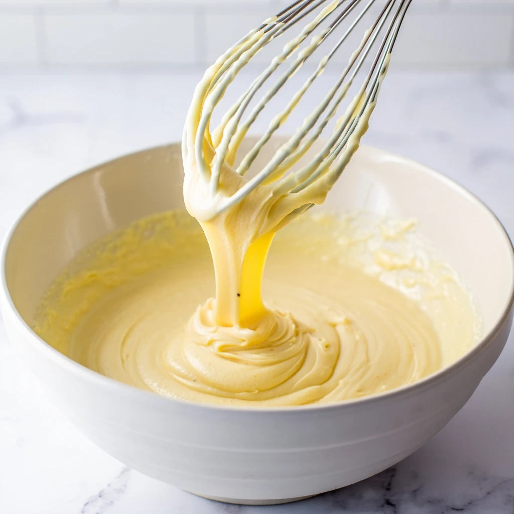 Perfect Ribbon Texture Thick, ribbony batter falling from whisk showing proper emulsification