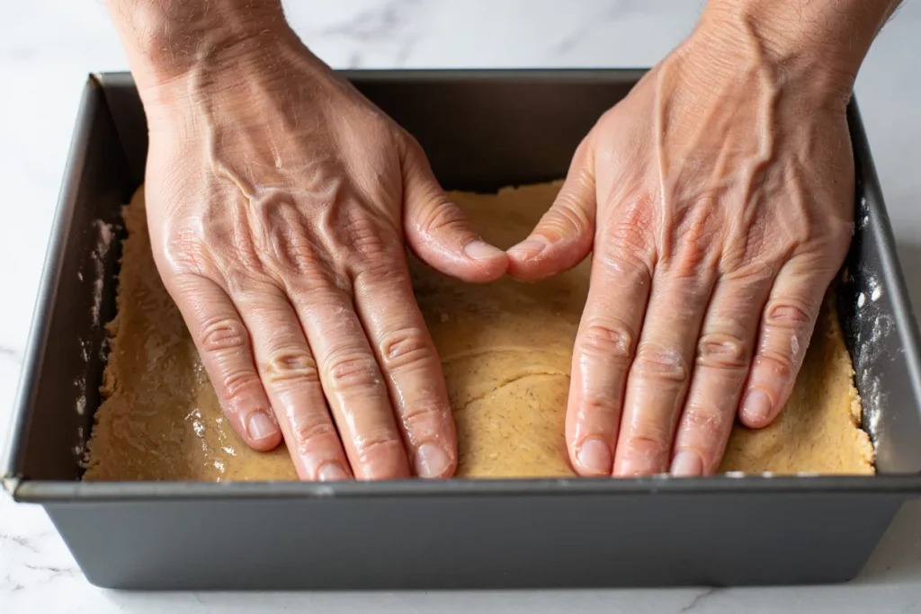 Pressing Dough with Damp Hands Using damp hands to evenly press dough into all corners of the pan