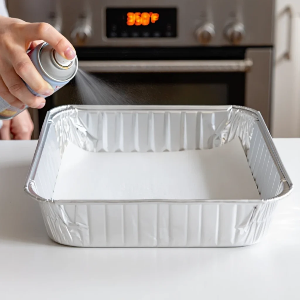 Pro Tip Application Final preparation step showing cooking spray application to parchment-lined pan