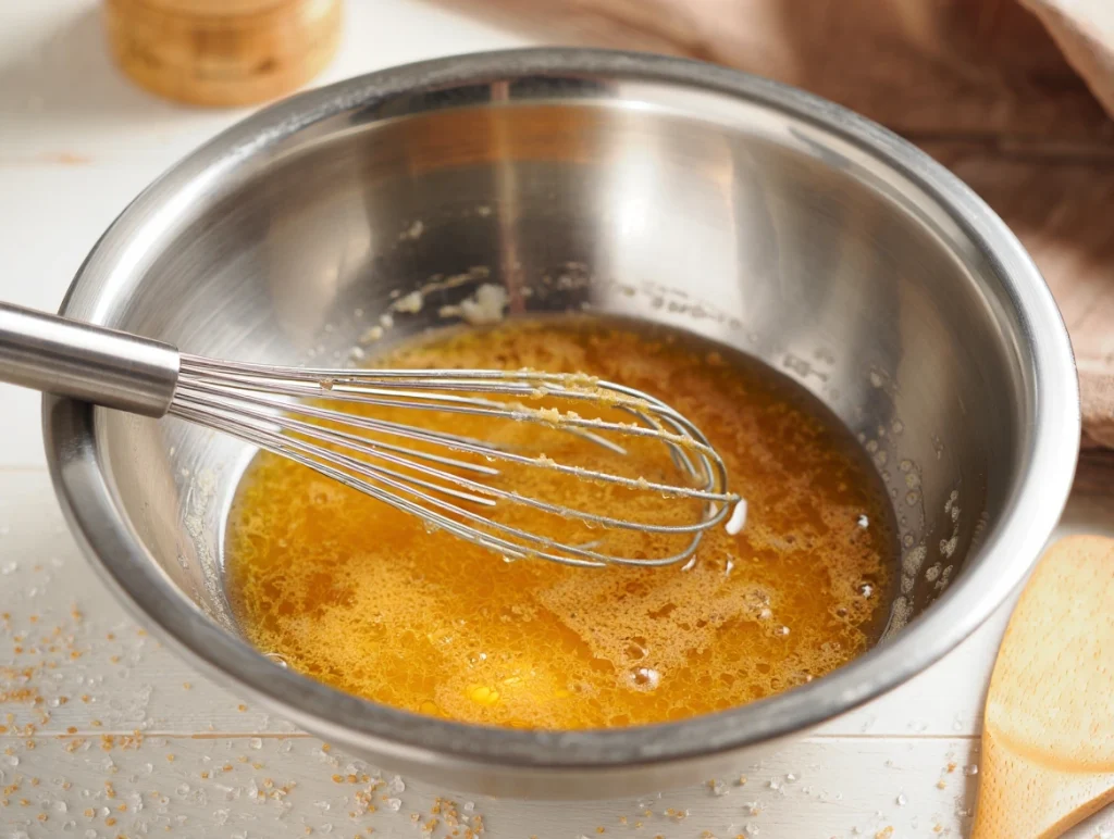 Sugar and Butter Mixing Whisking warm butter with brown and granulated sugars until smooth and glossy