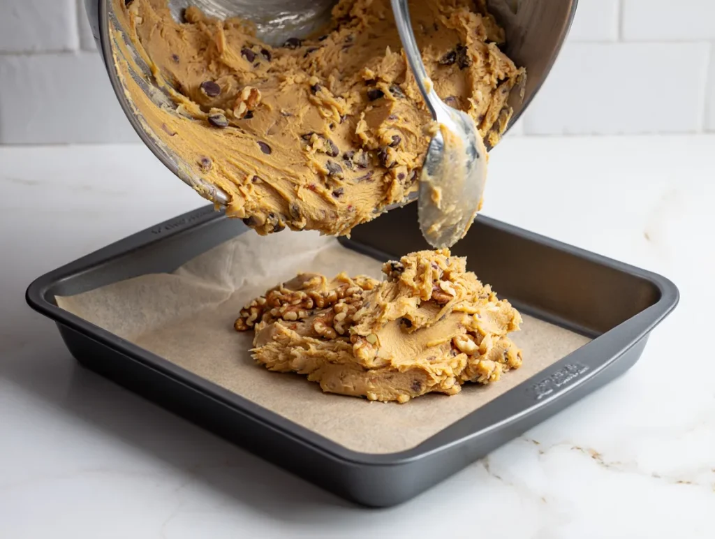 Transferring Dough to Pan Moving the thick cookie dough from bowl to prepared baking pan