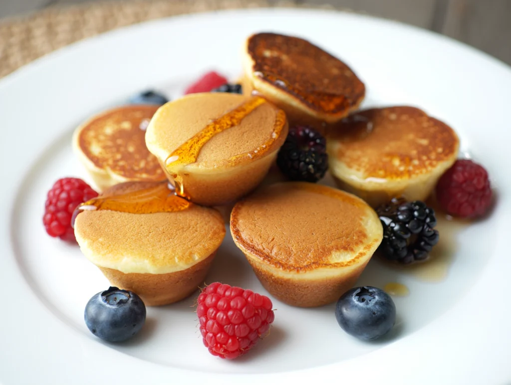 Classic Protein Pancake Bites Golden protein pancake bites with berries and maple syrup