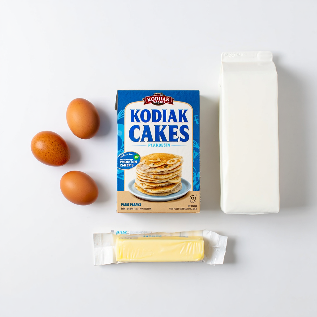 Protein Pancake Bites Ingredients Flat lay of ingredients for protein pancake bites including Kodiak Cakes mix