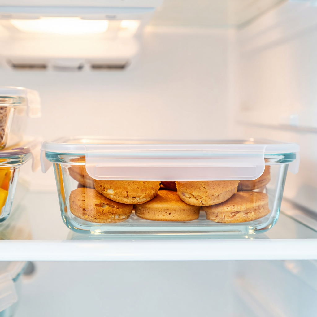 Protein Pancake Bites Meal Prep Storage Protein pancake bites stored in airtight container for meal prep