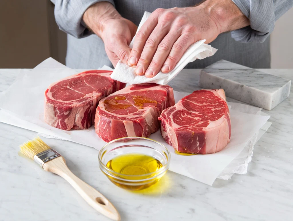 Himalayan salt: Steak Prep. Pat dry and brush with oil - no extra salt needed