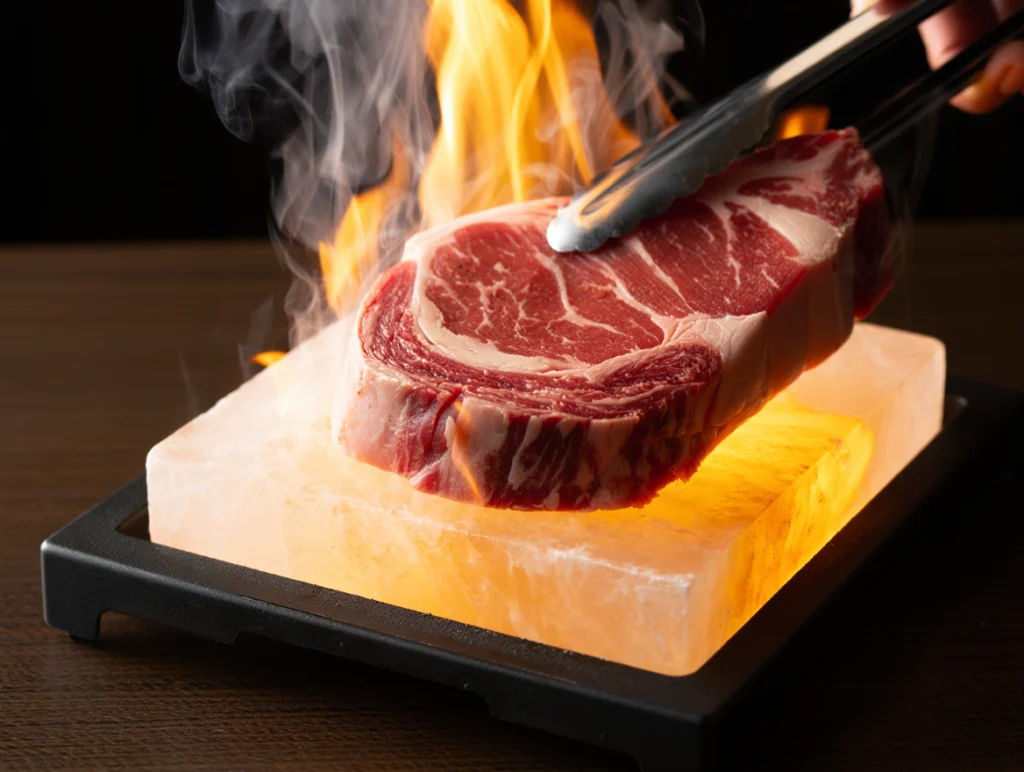 Himalayan salt: First Sear. Steaks hitting the hot salt block with immediate sizzle