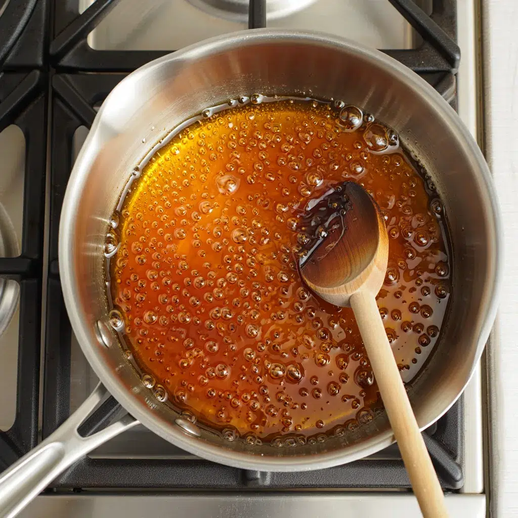 Simmering honey and brown sugar glaze for ham in stainless steel saucepan