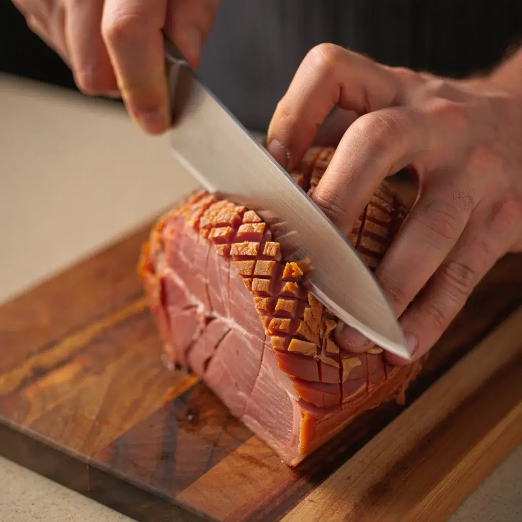 Scoring spiral cut ham in diamond pattern with sharp knife