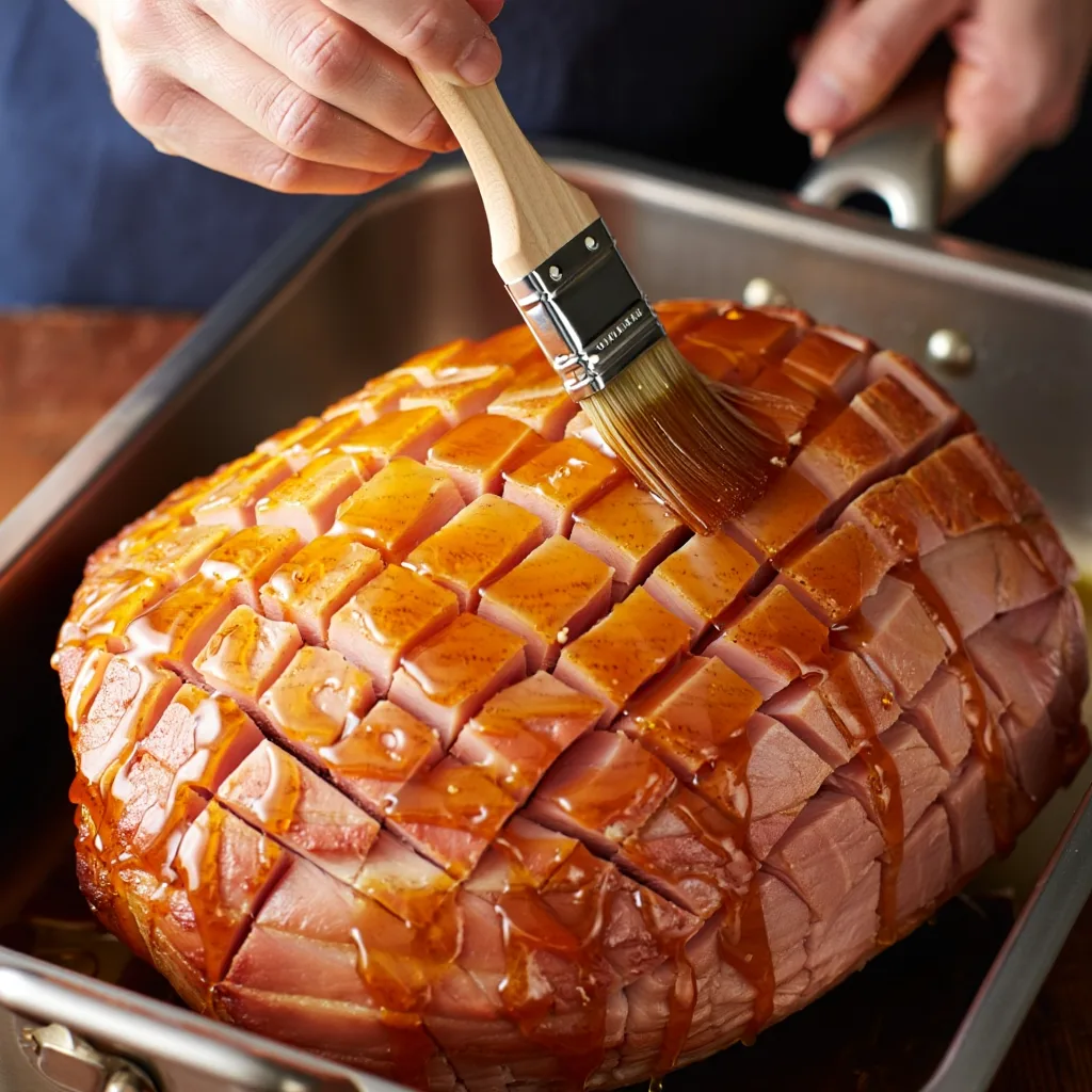 Brushing homemade honey glaze onto scored ham with pastry brush