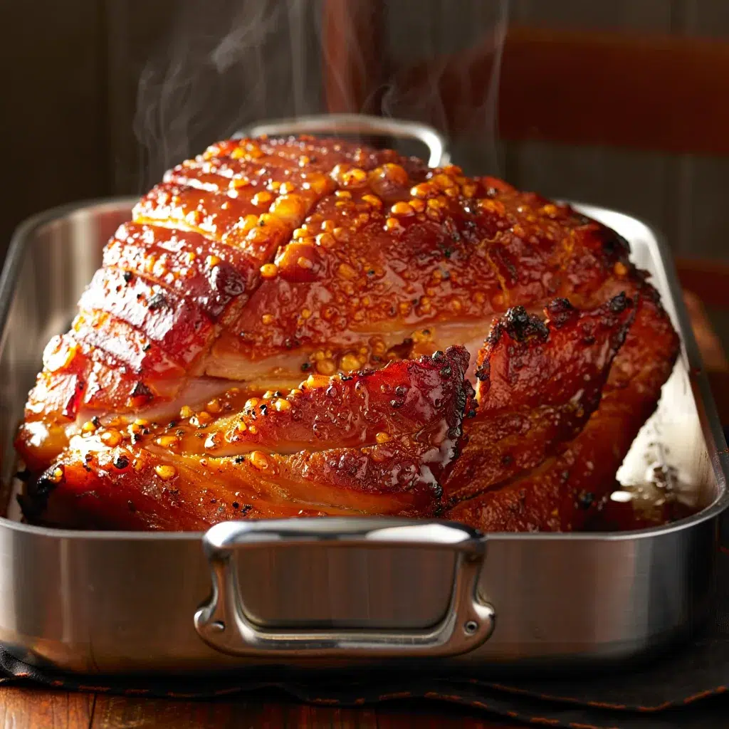 Caramelized honey glazed ham fresh from broiler with golden sticky crust