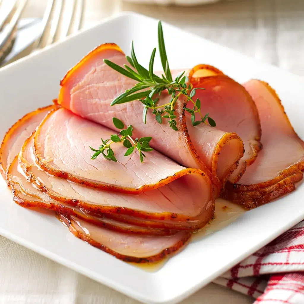 Sliced honey glazed ham arranged on white serving platter for holiday dinner