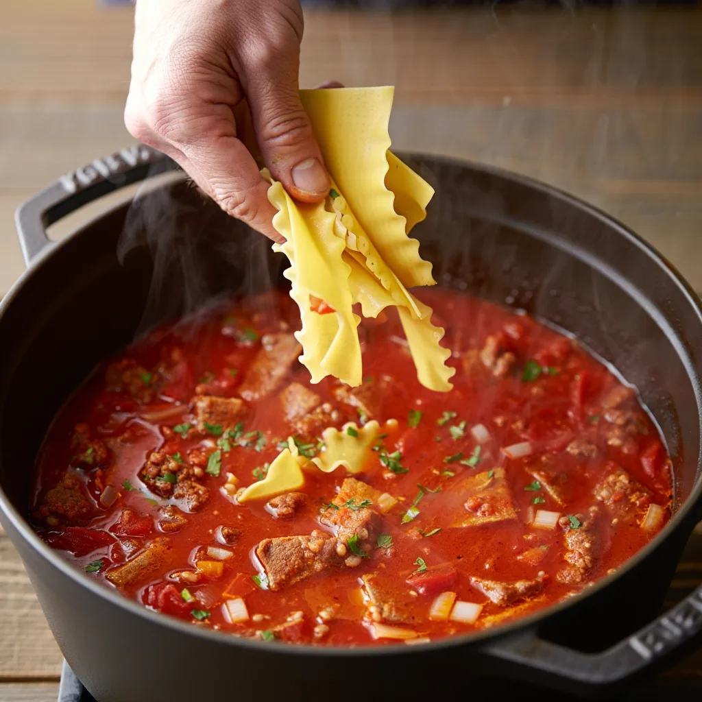 Lasagna Soup (And What I Learned From Soggy Noodles) Adding Noodles Broken lasagna noodles being added to simmering tomato soup
