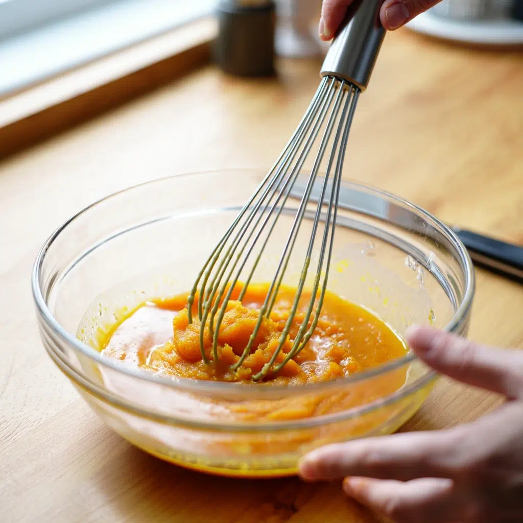 Paleo Pumpkin Muffins 9 Foolproof Tips You Will Love Mixing Wet Ingredients Whisking pumpkin puree with eggs and maple syrup in a large glass bowl
