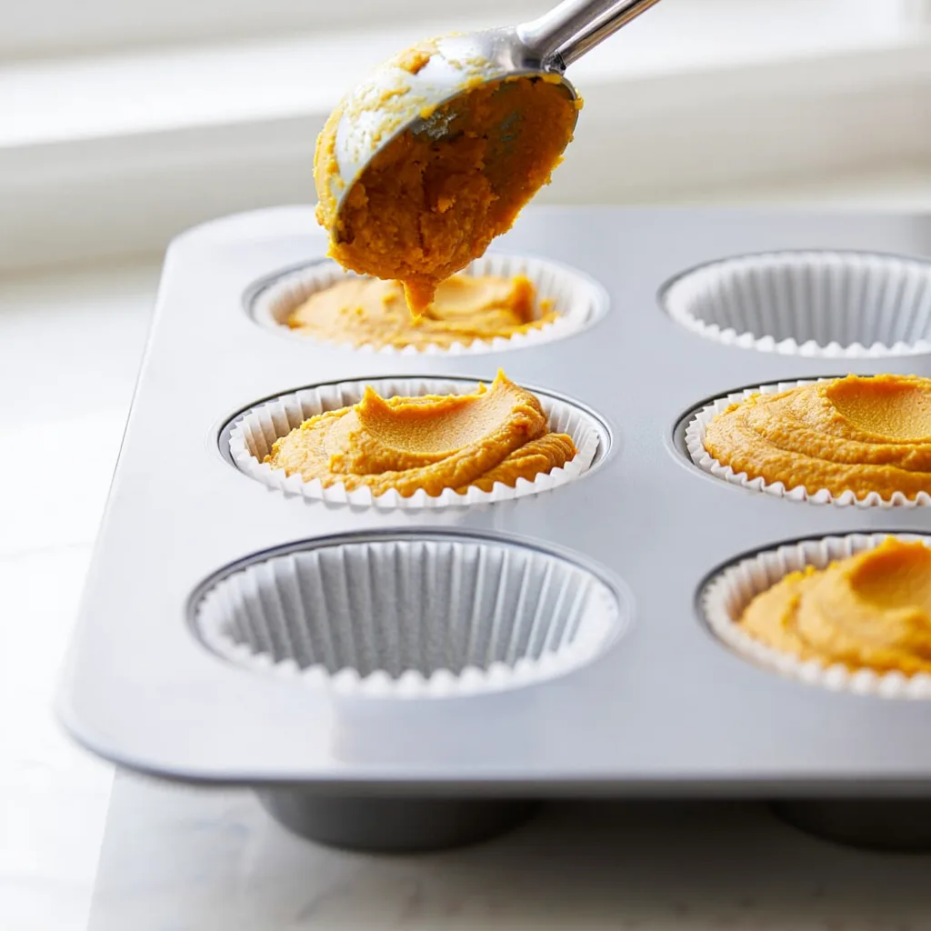 Paleo Pumpkin Muffins 9 Foolproof Tips You Will Love Portioning into Tin Scooping pumpkin muffin batter into parchment-lined muffin cups