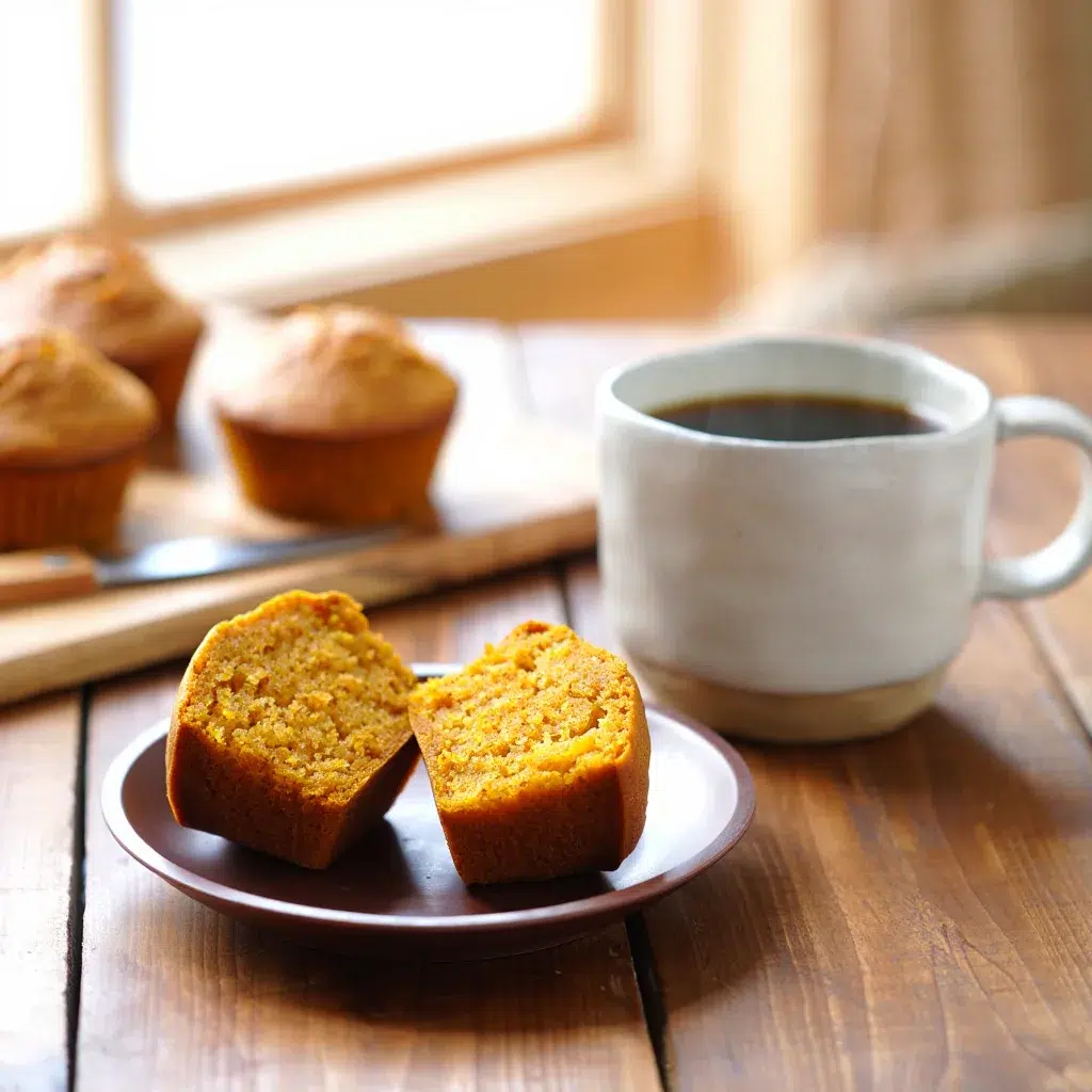 Paleo Pumpkin Muffins 9 Foolproof Tips You Will Love Serving Lifestyle Photo Paleo pumpkin muffin split open showing moist interior texture, served with coffee