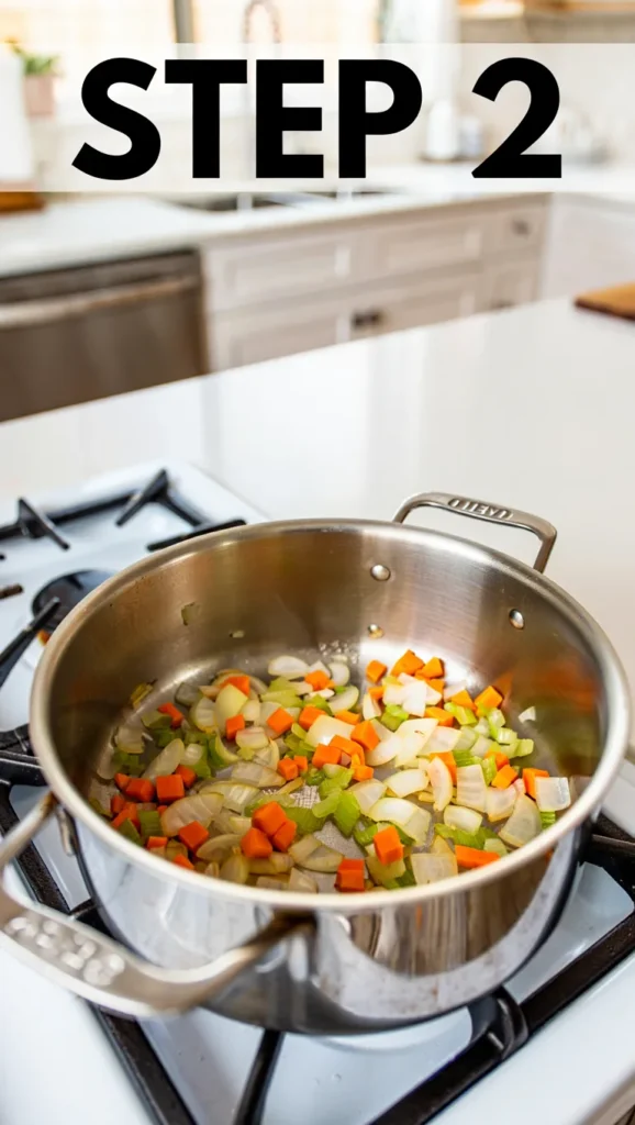 Step 2 Sauté Aromatics Step 2 Cook onion, carrot, celery with salt for 8 minutes