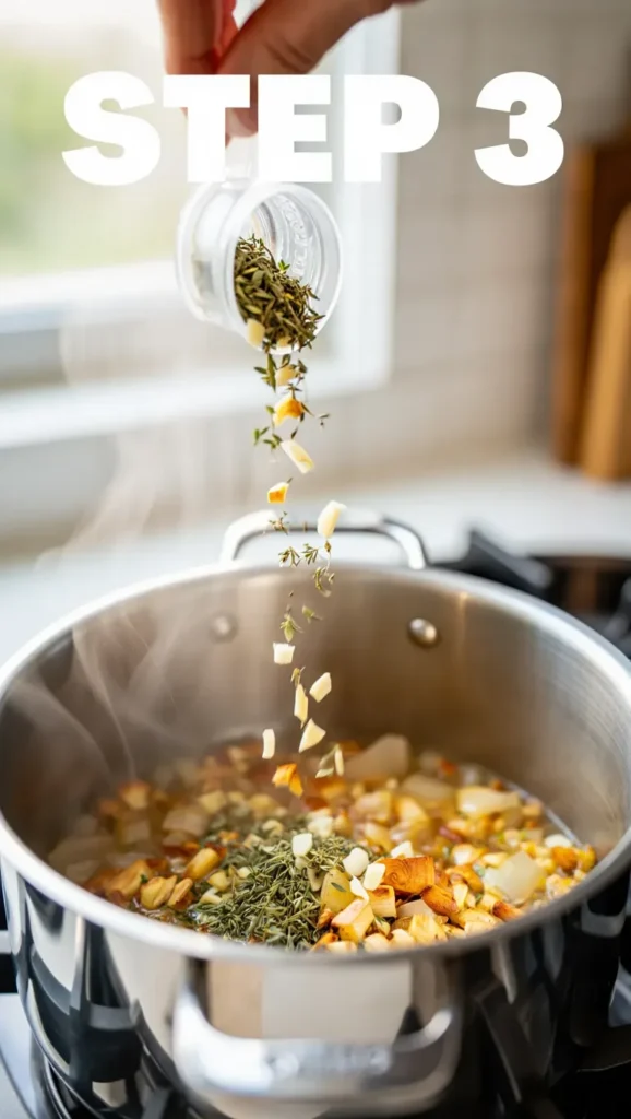 Step 3 Add Garlic & Herbs Step 3 Add garlic and dried herbs, stir 30-60 seconds