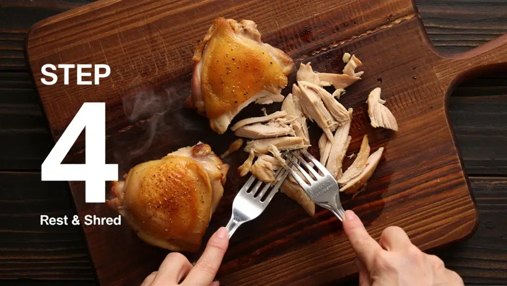 Step 4 Rest and Shred Shredding tender juicy chicken