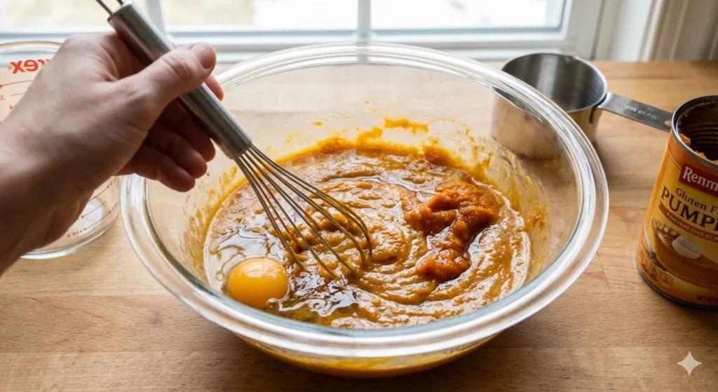 Whisking wet ingredients for gluten free muffins in a glass bowl