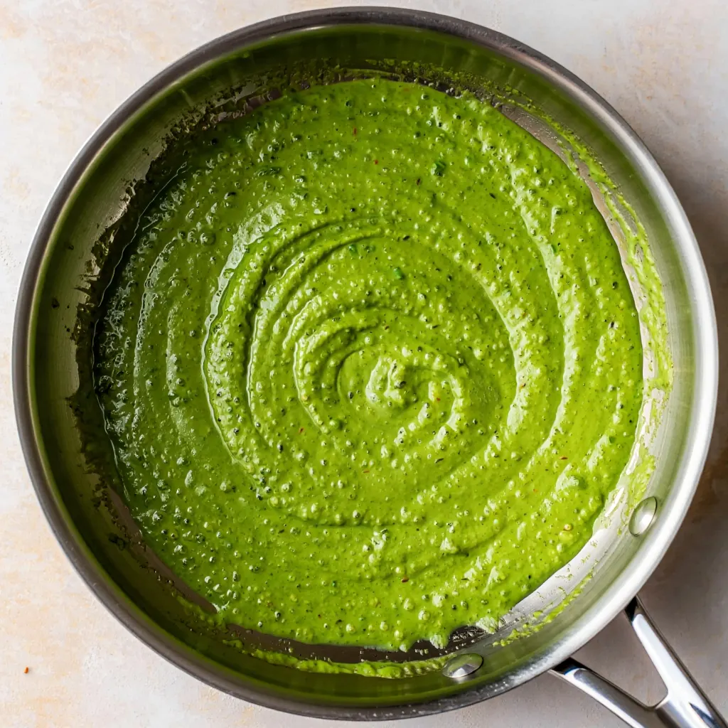 Glossy emulsified pesto cream sauce in a skillet before adding pasta