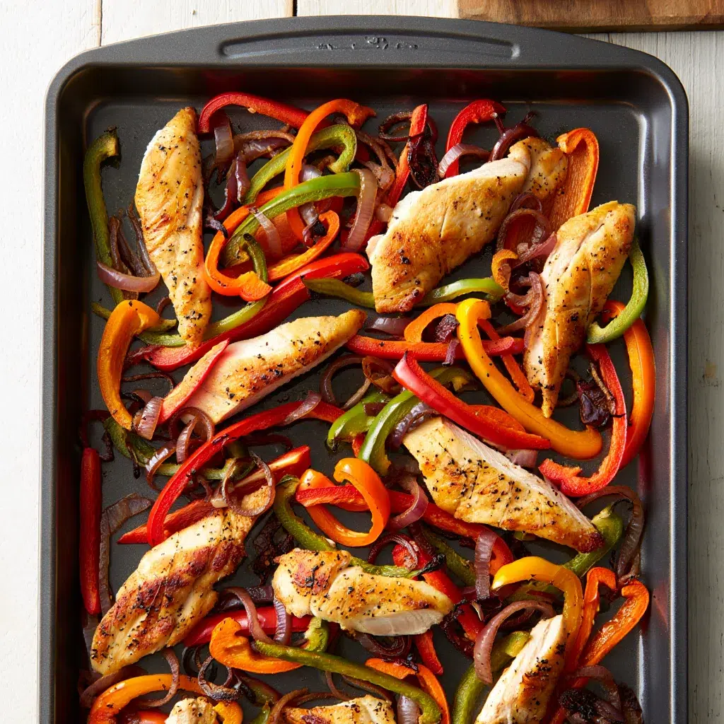 Golden brown sheet pan fajitas with caramelized peppers and crispy chicken edges