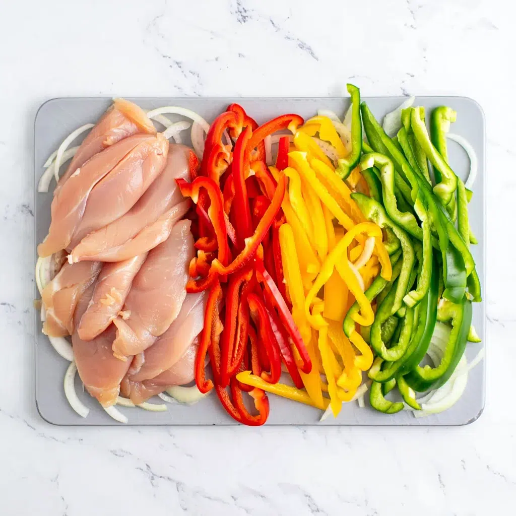 Sliced chicken, bell peppers, and onions ready for sheet pan fajitas
