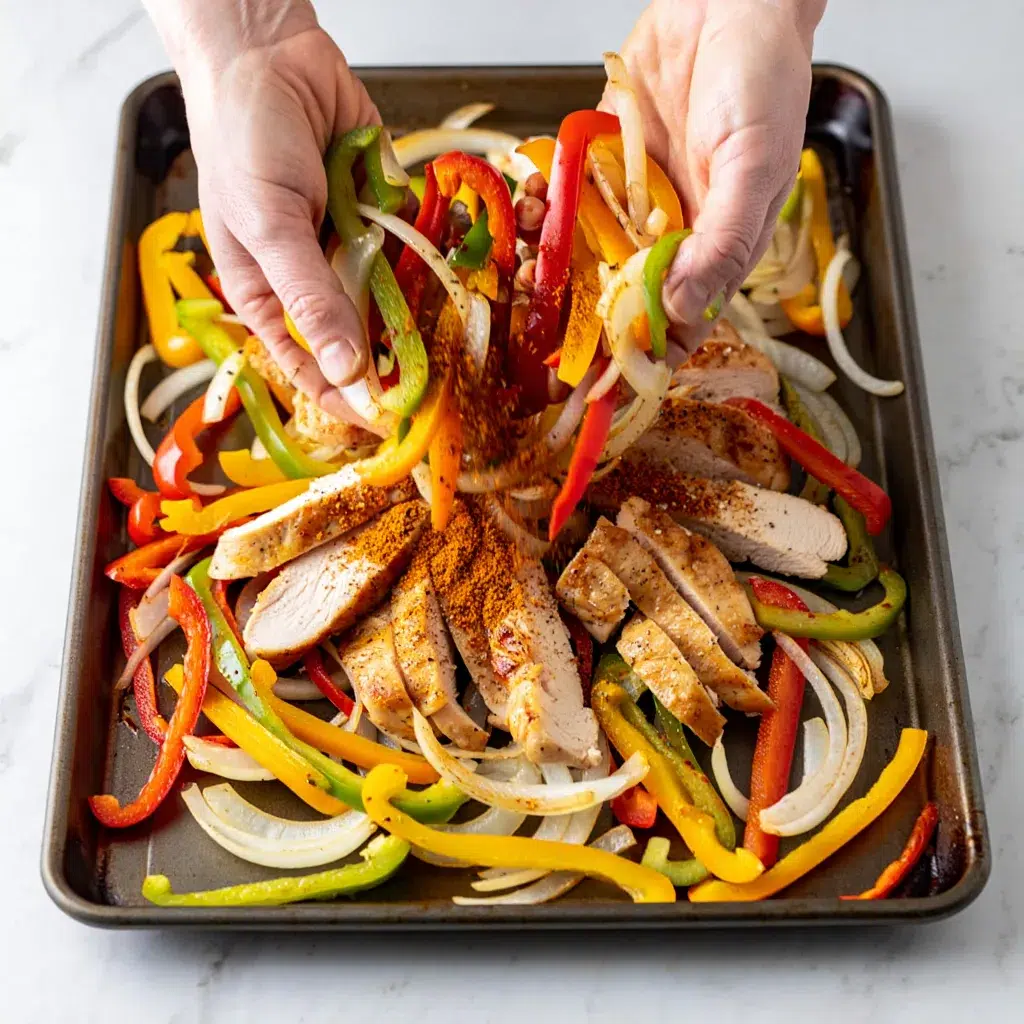 Tossing chicken and vegetables with fajita spices on baking sheet