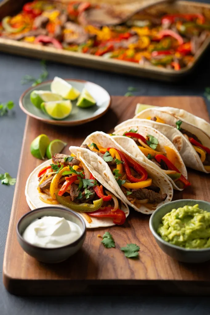 Sheet pan fajitas served in warm tortillas with toppings